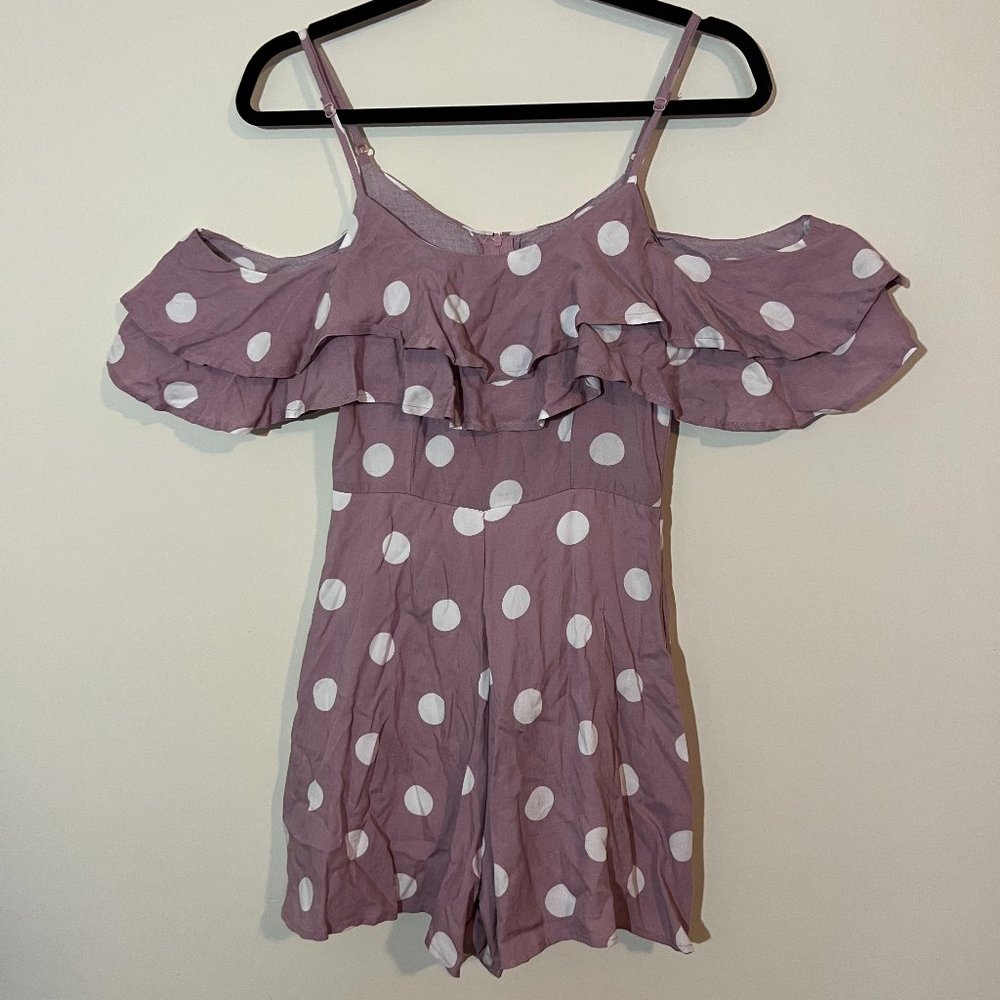 Charlotte Russe Romper Size XS Lavender White Polka Dots Cold Shoulder Ruffles